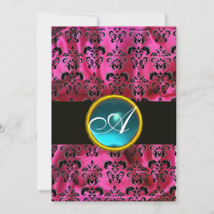 FUCHSIA  BLACK SILK DAMASK BLUE GEM MONOGRAM INVITATION
