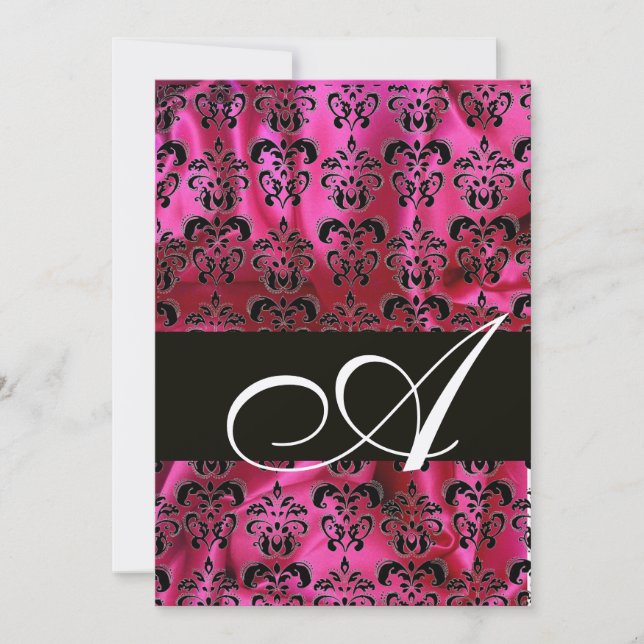 FUCHSIA  BLACK SILK  DAMASK CLOTH MONOGRAM , Gold Invitation (Front)