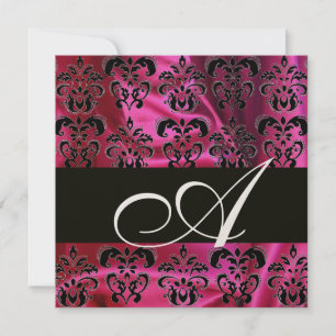 FUCHSIA  BLACK SILK  DAMASK MONOGRAM , Gold Metal Invitation