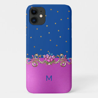 Fuchsia Blue and Gold Jewelled Monogrammed iPhone 11 Case