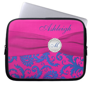 Fuchsia Blue Damask FAUX Ribbon Laptop Sleeve