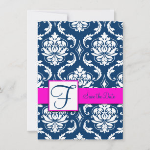 Fuchsia Blue Damask Save the Date Card