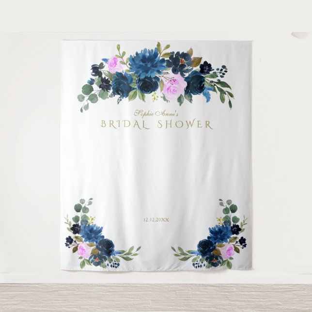 Fuchsia Blue Floral Bridal Shower Photo Booth Prop Tapestry (Front)