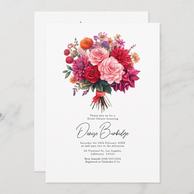 Fuchsia, Blush & Coral Bright Floral Bridal Shower Invitation (Front/Back)
