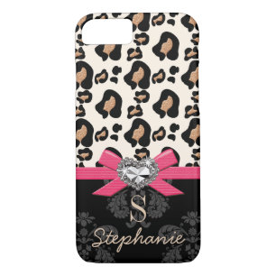Fuchsia Bow Heart Shaped Faux Bling Leopard Print iPhone 8/7 Case