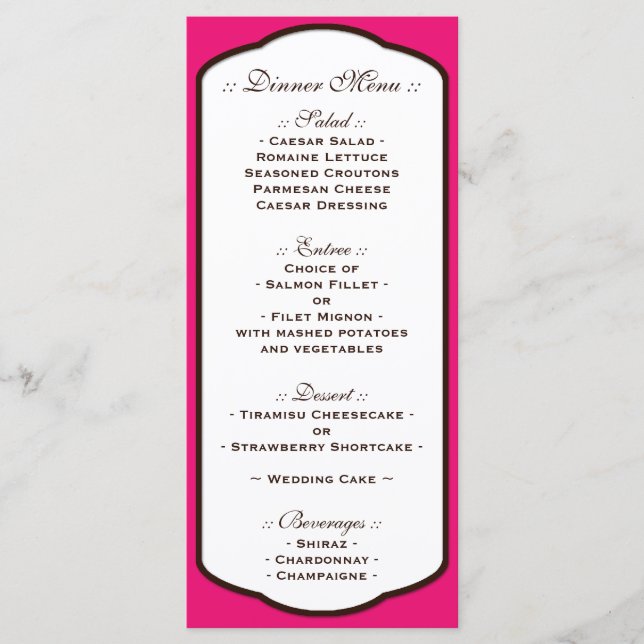 Fuchsia Brown & White Wedding Reception Menus (Front)