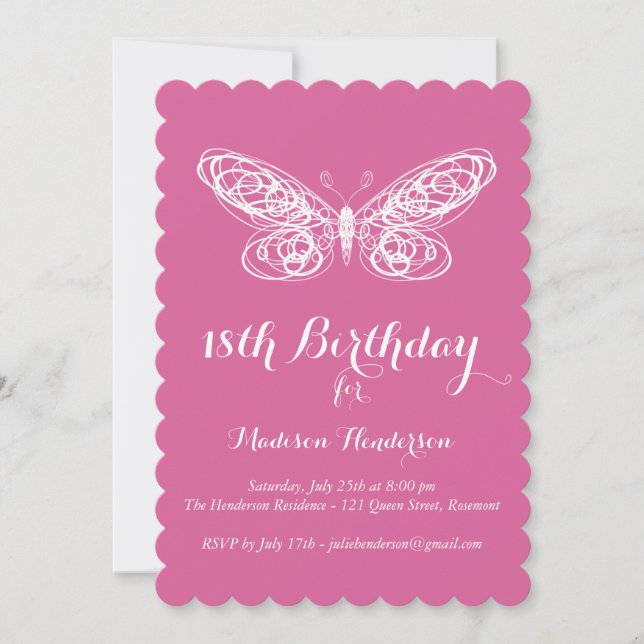 Fuchsia Butterfly 18th Birthday Invitation (Front)