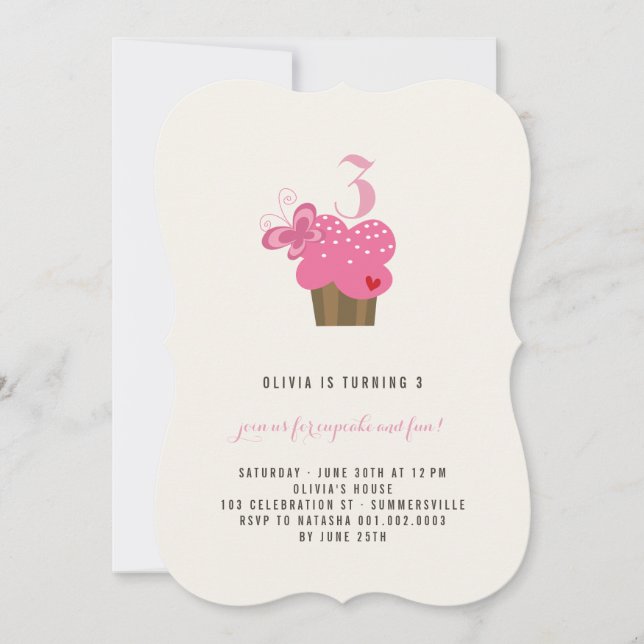 Fuchsia Butterfly Cupcake Birthday Party Invite (Front)
