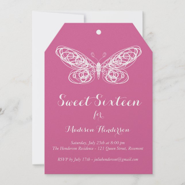 Fuchsia Butterfly Sweet Sixteen Invitation (Front)