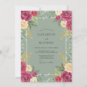 Fuchsia Celadon Ranunculus Eucalyptus Wedding Invitation