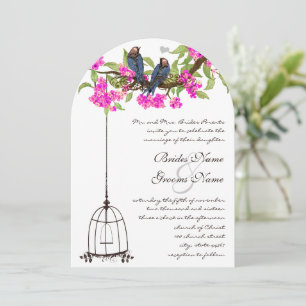 Fuchsia Cherry Blossom Love Birds Birdcage Wedding Invitation