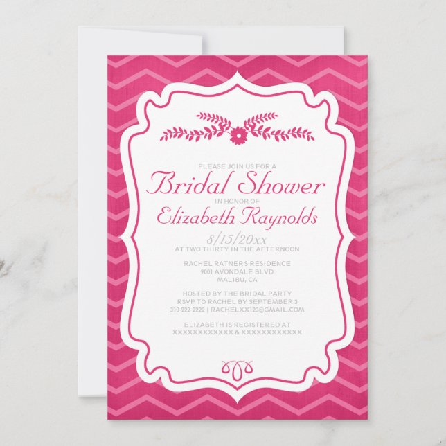 Fuchsia Chevron Stripes Bridal Shower Invitations (Front)