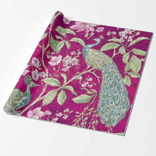 Fuchsia Chinoiserie peacock floral decoupage Wrapping Paper