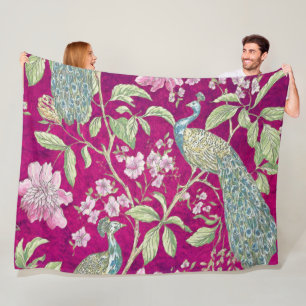 Fuchsia Chinoiserie peacock floral Fleece Blanket