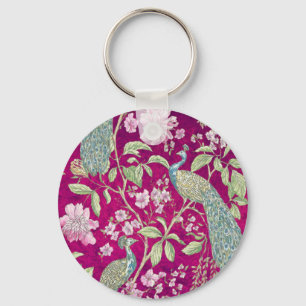 Fuchsia Chinoiserie peacock floral Key Ring