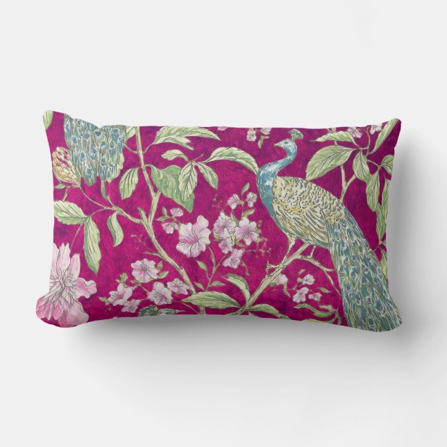 Fuchsia Chinoiserie peacock floral  Lumbar Cushion (Front)