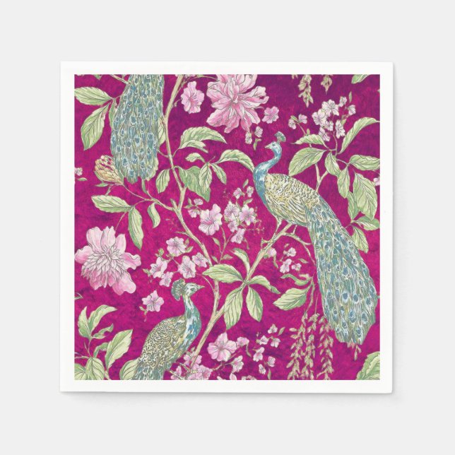 Fuchsia Chinoiserie peacock floral  Napkin (Front)