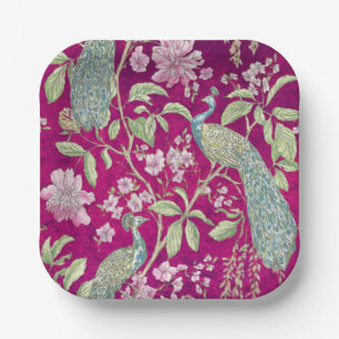 Fuchsia Chinoiserie peacock floral Paper Plate