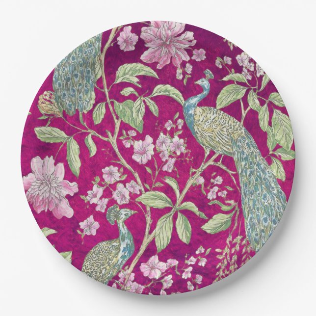 Fuchsia Chinoiserie peacock floral  Paper Plate (Front)