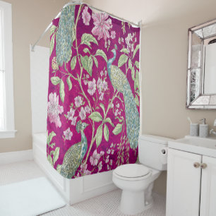 Fuchsia Chinoiserie peacock floral Shower Curtain