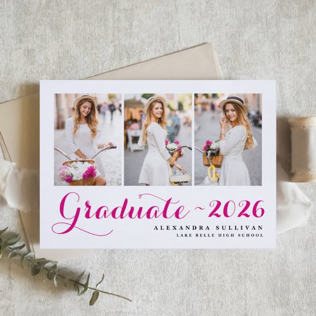 Fuchsia Class of 2026 Photo Collage Graduation Invitation (Customizable photo collage graduation invitation featuring modern calligraphy. )