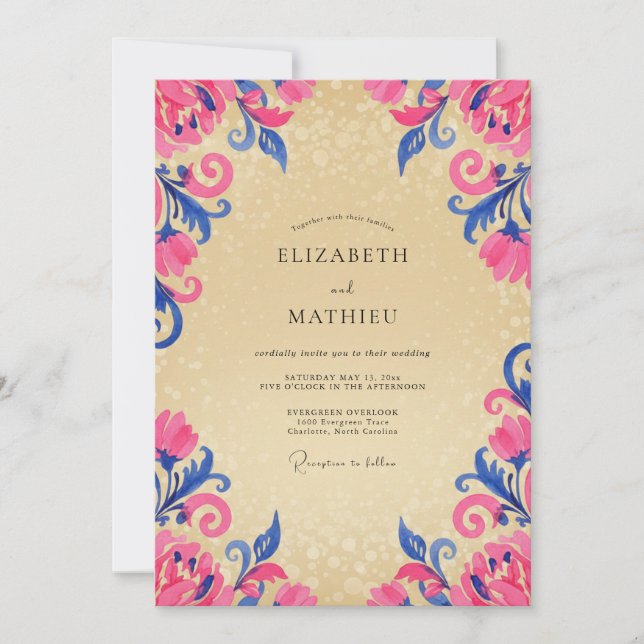 Fuchsia Cobalt Scroll Eucalyptus Wedding Invitation (Front)