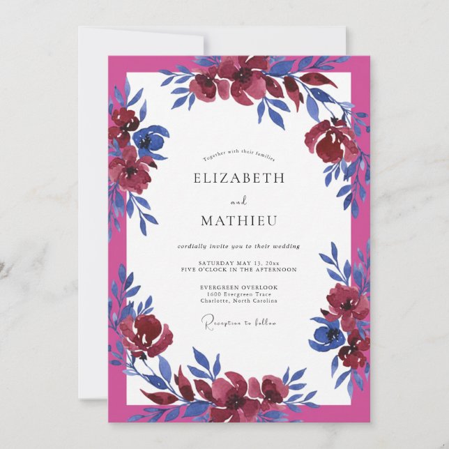 Fuchsia Cobalt Watercolor Wedding Invitation (Front)