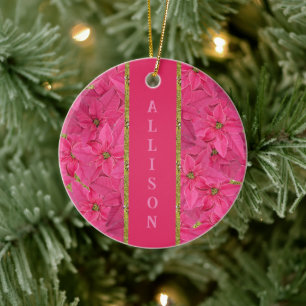 Fuchsia colored poinsettias, floral pattern custom ceramic tree decoration