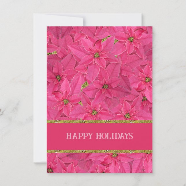 Fuchsia coloured poinsettias, floral pattern custo holiday card (Front)