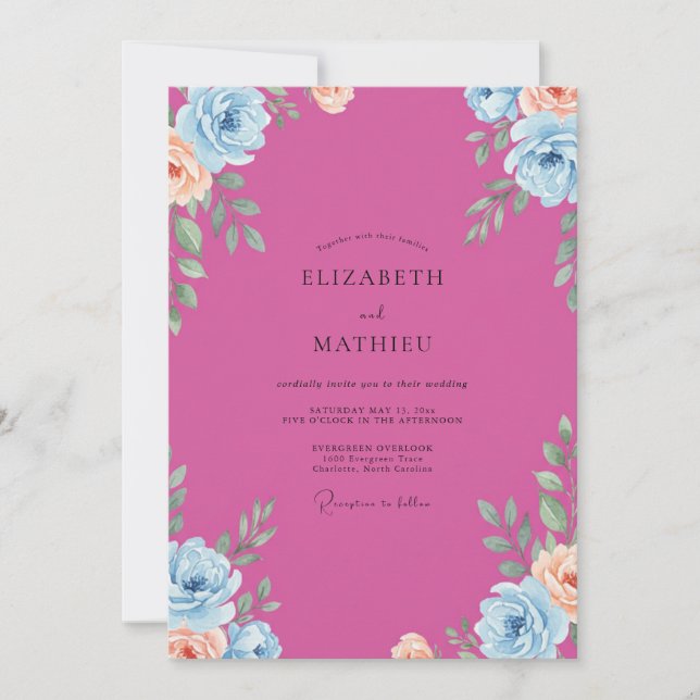 Fuchsia Coral Painted Wedding Invitation (Front)