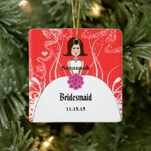 Fuchsia & Coral Wedding Brown Hair Bridesmaid Ceramic Tree Decoration