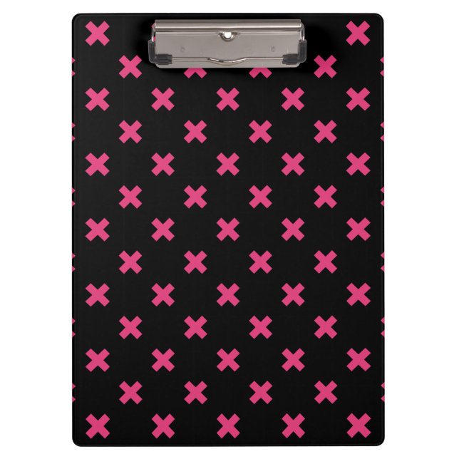 Fuchsia cross stitches on black clipboard (Front)