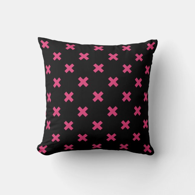 Fuchsia cross stitches on black cushion (Front)