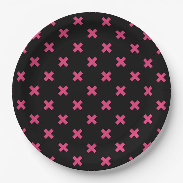 Fuchsia cross stitches on black paper plate (Front)