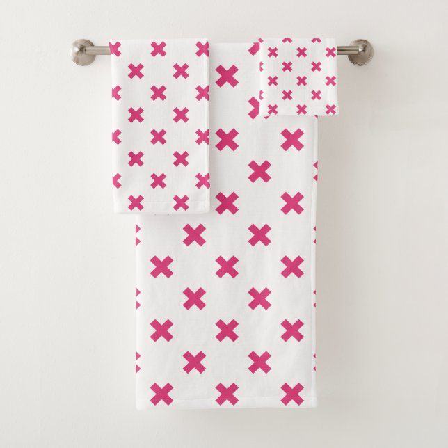 Fuchsia cross stitches on white bath towel set (Insitu)