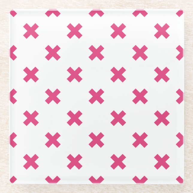 Fuchsia cross stitches on white glass coaster (Front)