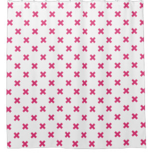 Fuchsia cross stitches on white shower curtain