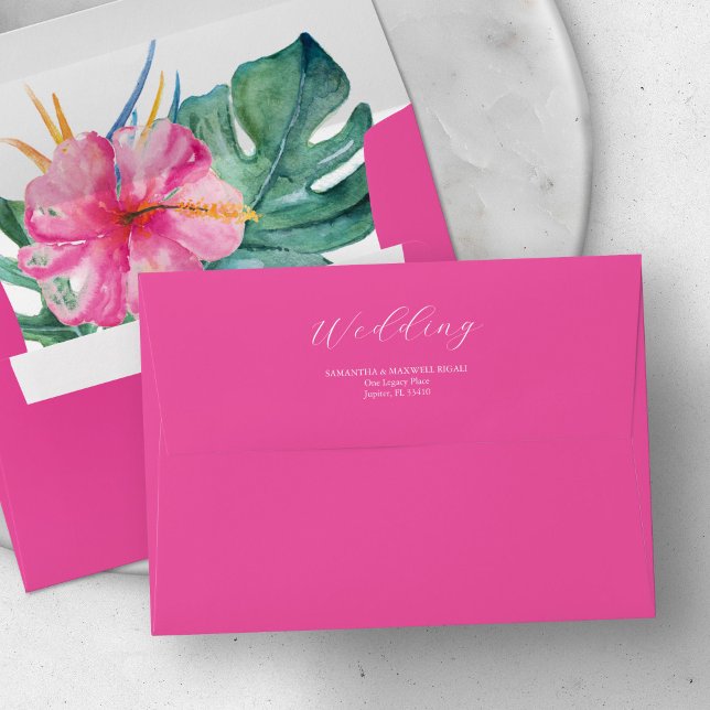 Fuchsia Custom Wedding Envelopes (Vibrant pink watercolor hibiscus flowers return addressed envelope art by Victoria Grigaliunas.)