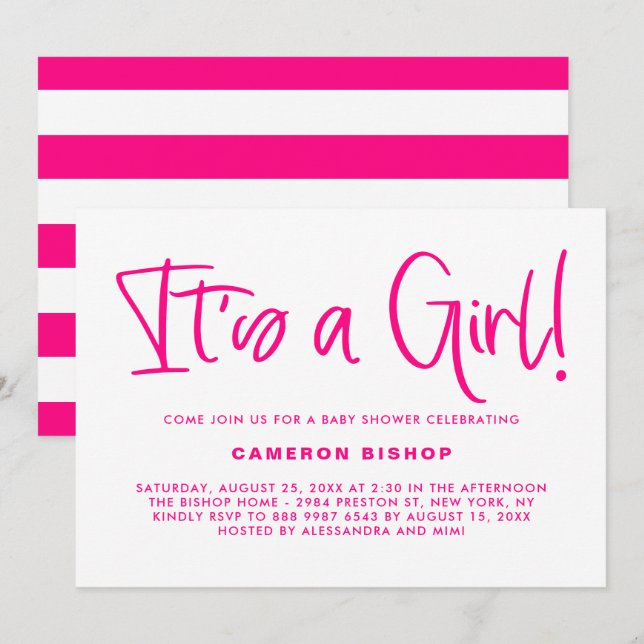 Fuchsia Cute Calligraphy It's a Girl Baby Shower Invitation (Front/Back)