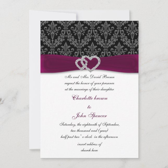 Fuchsia damask FAUX ribbon diamante Wedding Invitation (Front)