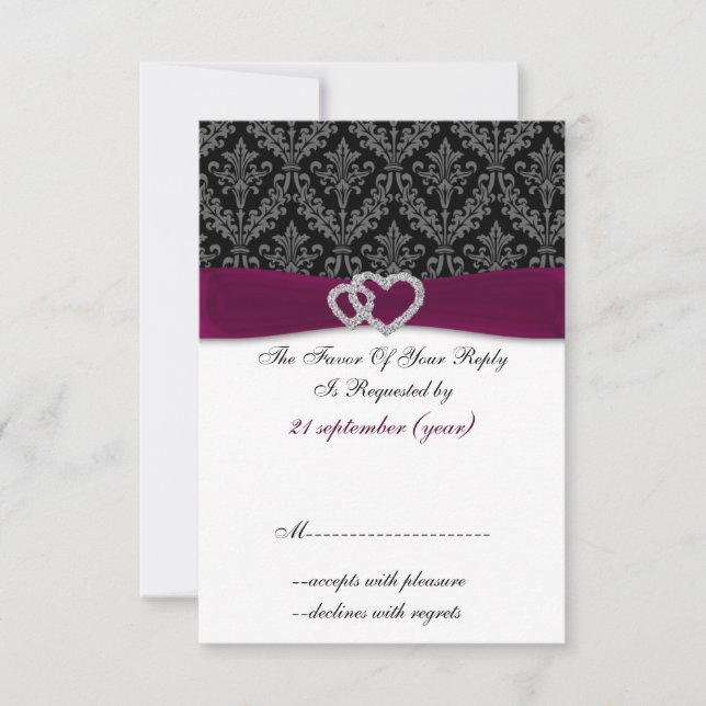 Fuchsia damask FAUX ribbon diamante Wedding RSVP Card (Front)
