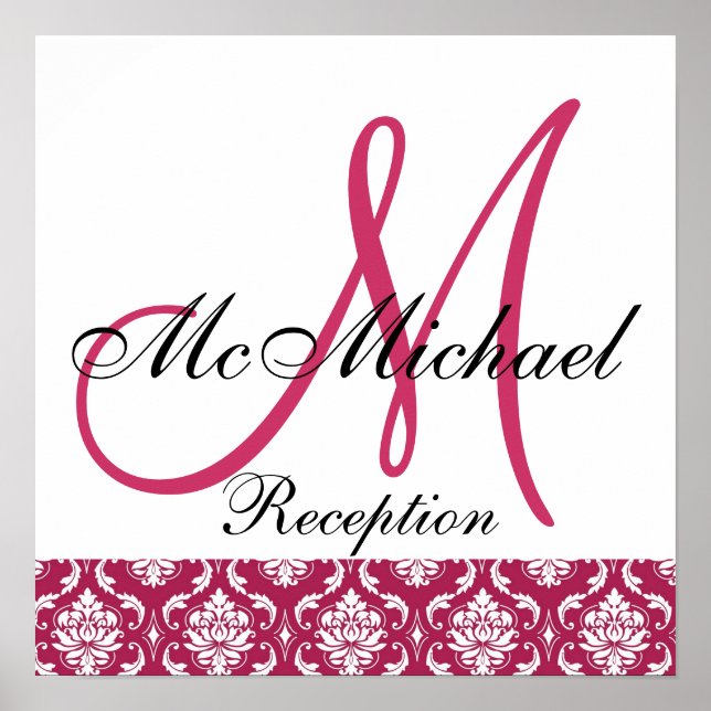 Fuchsia Damask  Monogram Wedding Reception Sign (Front)