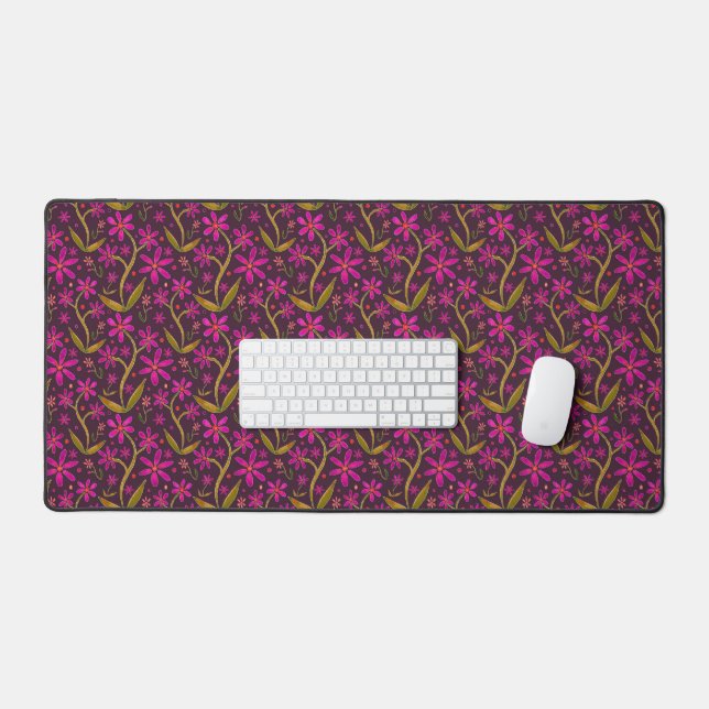 Fuchsia | Dancing Watercolor Daisies Desk Mat (Keyboard & Mouse)