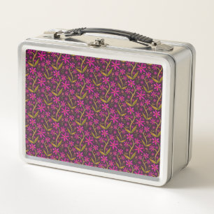 Fuchsia Dancing Watercolor Daisies Metal Lunch Box