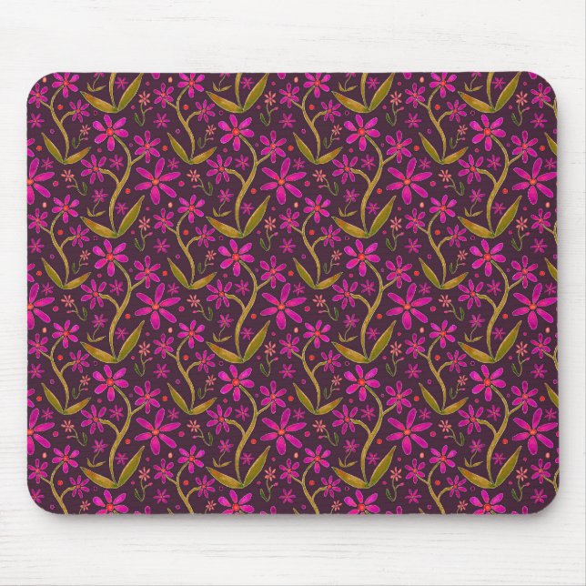 Fuchsia | Dancing Watercolor Daisies Mouse Mat (Front)