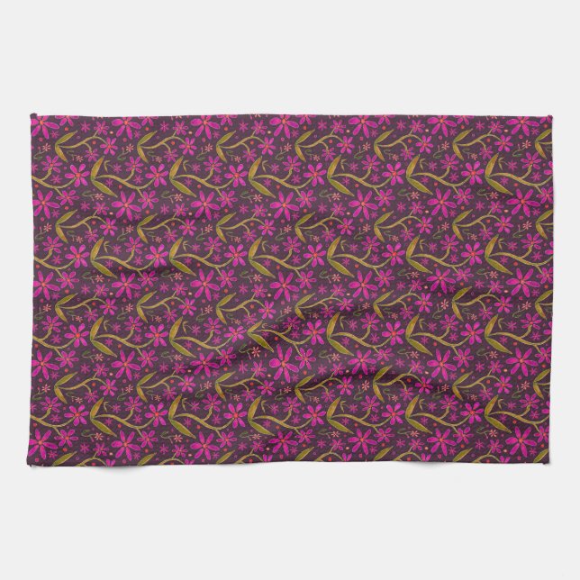 Fuchsia | Dancing Watercolor Daisies Tea Towel (Horizontal)