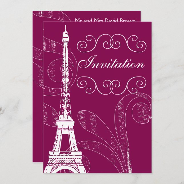 Fuchsia Eiffel Tower wedding invitation (Front/Back)