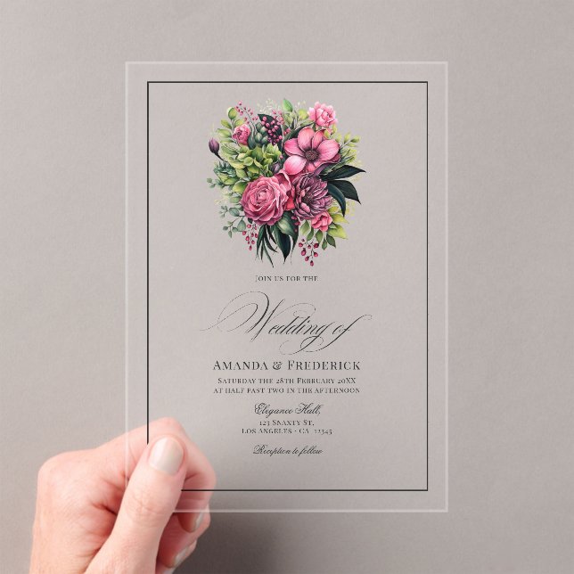 Fuchsia, Emerald Green, and Black Floral Wedding Acrylic Invitations (Insitu (Handheld))