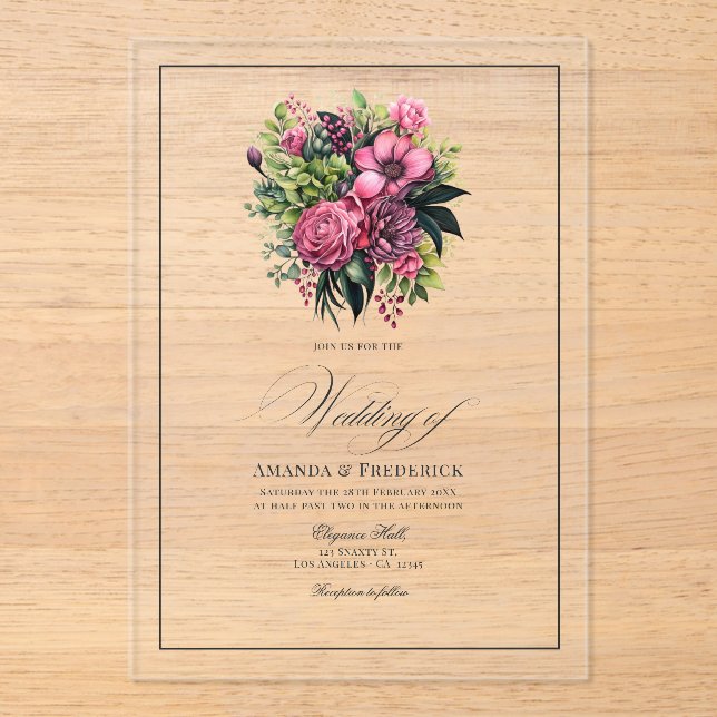 Fuchsia, Emerald Green, and Black Floral Wedding Acrylic Invitations (Front)
