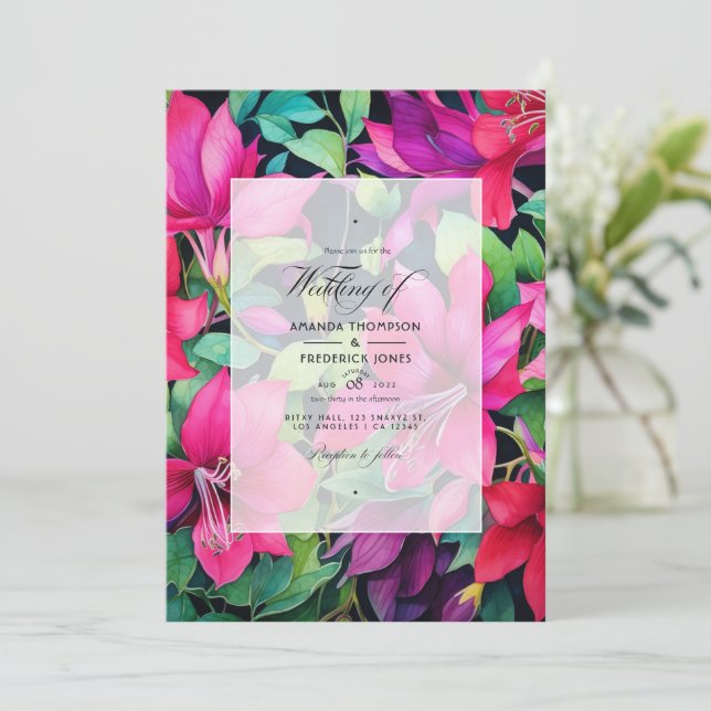 Fuchsia, Emerald Green and Black Floral Wedding Invitation (Standing Front)